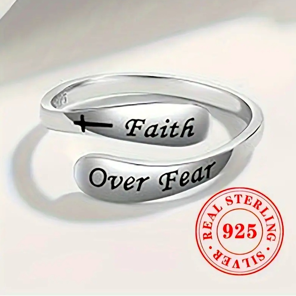 Faith over fear 925 sterling silver adjustable ring NWT